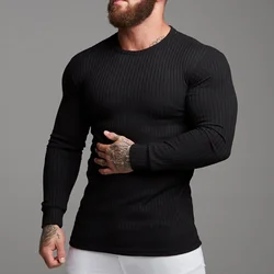 Spring Autumn Knitted Sports Long Sleeved Slim Fit Round Neck Running T-shirt Mens Casual Gym Training Bodybuilding Tees Shirt