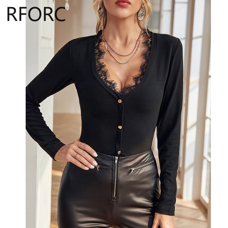 2024 Women Long Sleeves Lace Patch Casual Basic Knitting Black Blouse Top