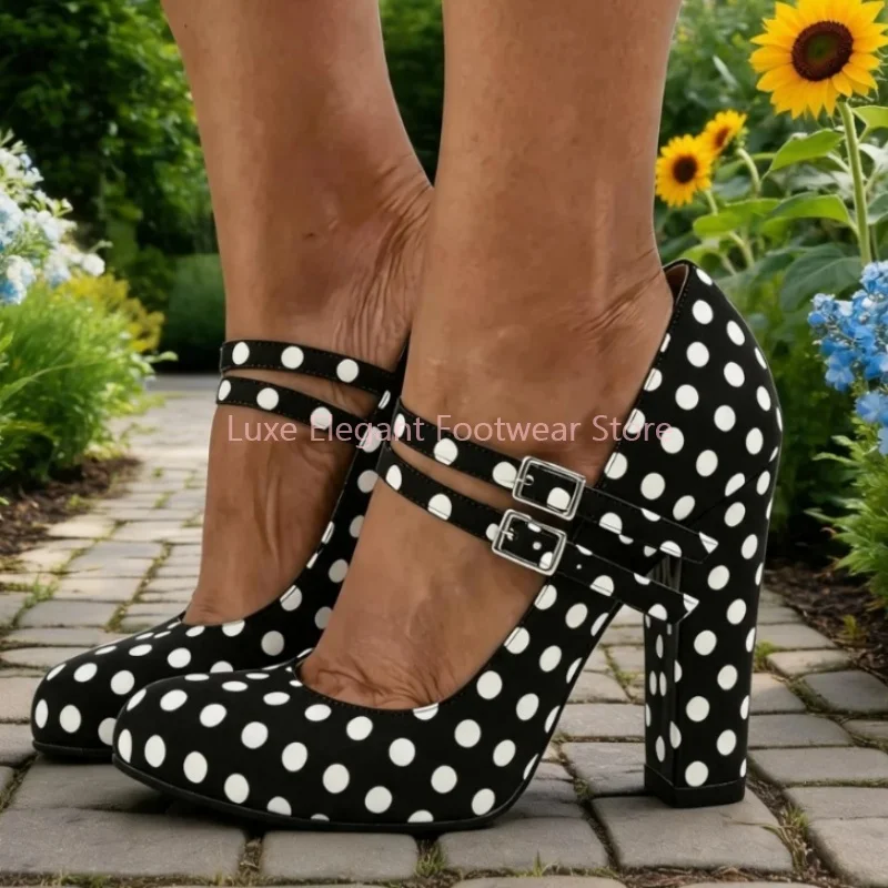 White Black Polka Dot Chunky Block Mary Jane Heels Women Double Strap Round Toe Pumps Fashion Elegant Evening Party Dress Shoes