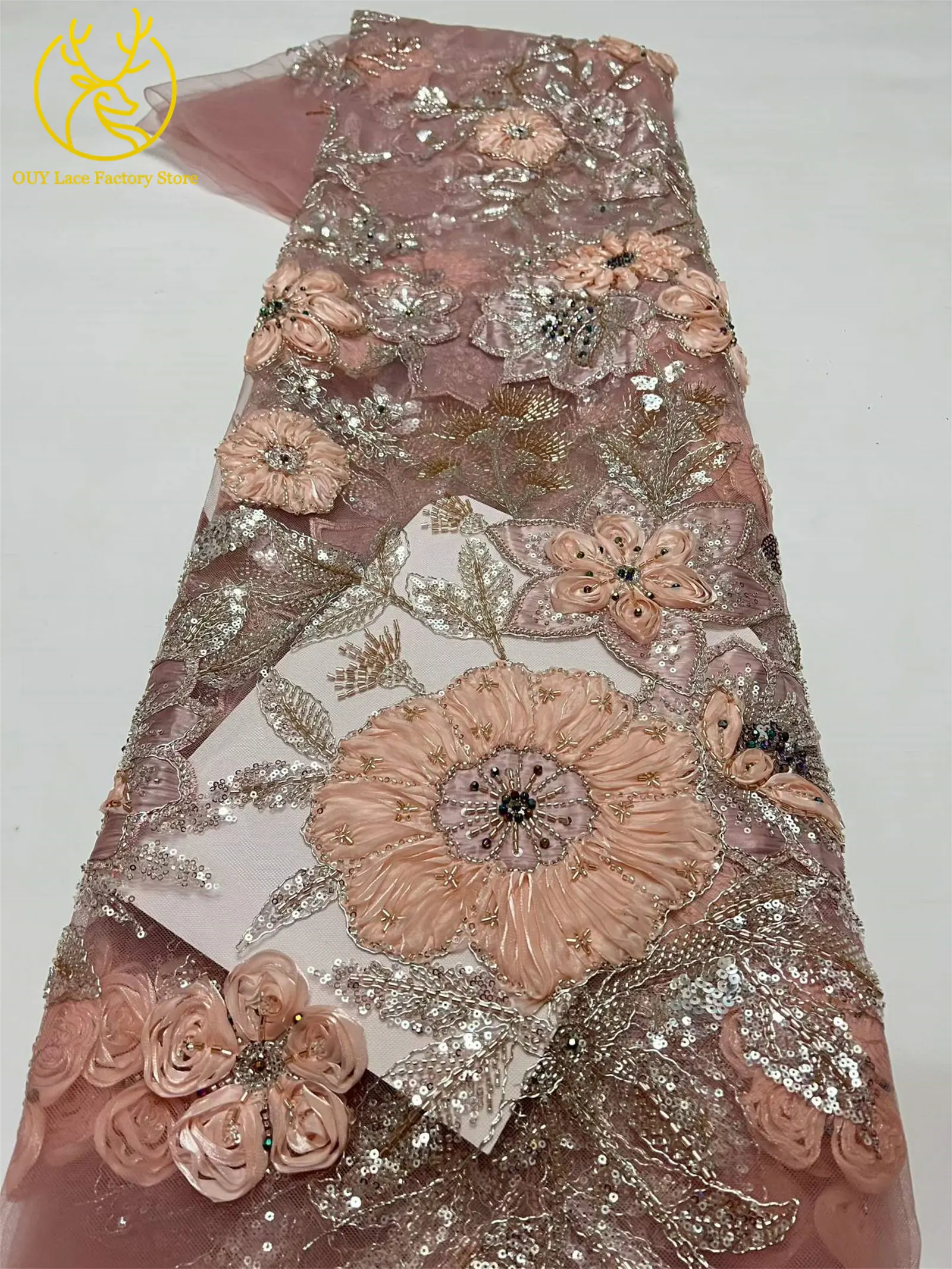Modische 3D-Blumenstickerei Pailletten Tüll-Mesh-Spitze 2026 Nigerianische Perlen-Mesh-Spitze für Braut-Hochzeitskleider und Partykleider zum Nähen – Detail 18
