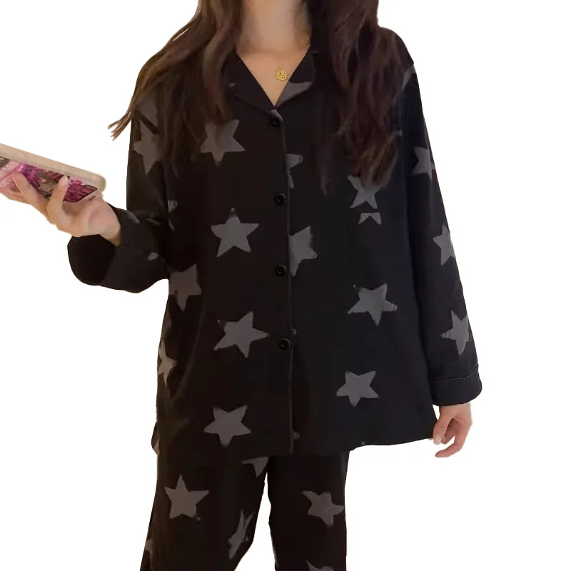 Star Full Print Pajamas for Women Spring and Summer New Long Sleeve Black High-end Home Wear Women\'s Pajamas Nightwear Sleepwear