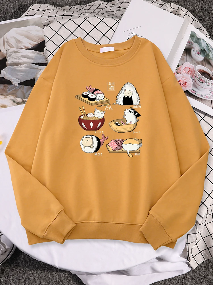 Cat Hiding In Sushi Print Hoodie Sweatshirts Streetwear Oversized Hooded Sweatshirt Woman Hip Hop Fashion Women O-Neck Hoodies