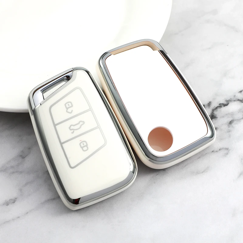 Silver Edge TPU Car Key Case for Volkswagen CC PASSAT Magoan Lavida B8 Arteon Atlas 3 Button Key Cover Interior Accessories