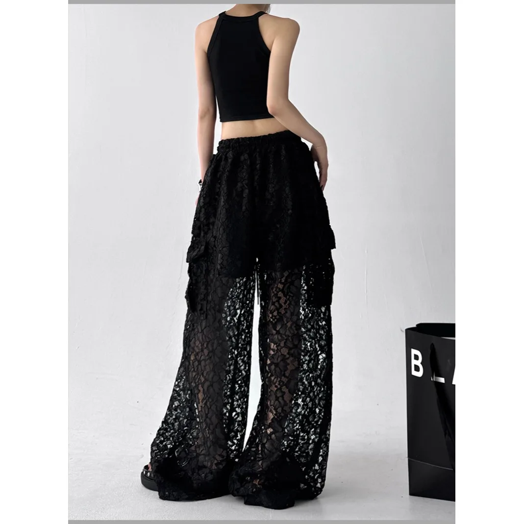 Pantalons d'épissure en dentelle pour femmes, pantalons larges américains pour filles, amples, rides, Style fin, grande taille, vêtements pour grosse fille, été