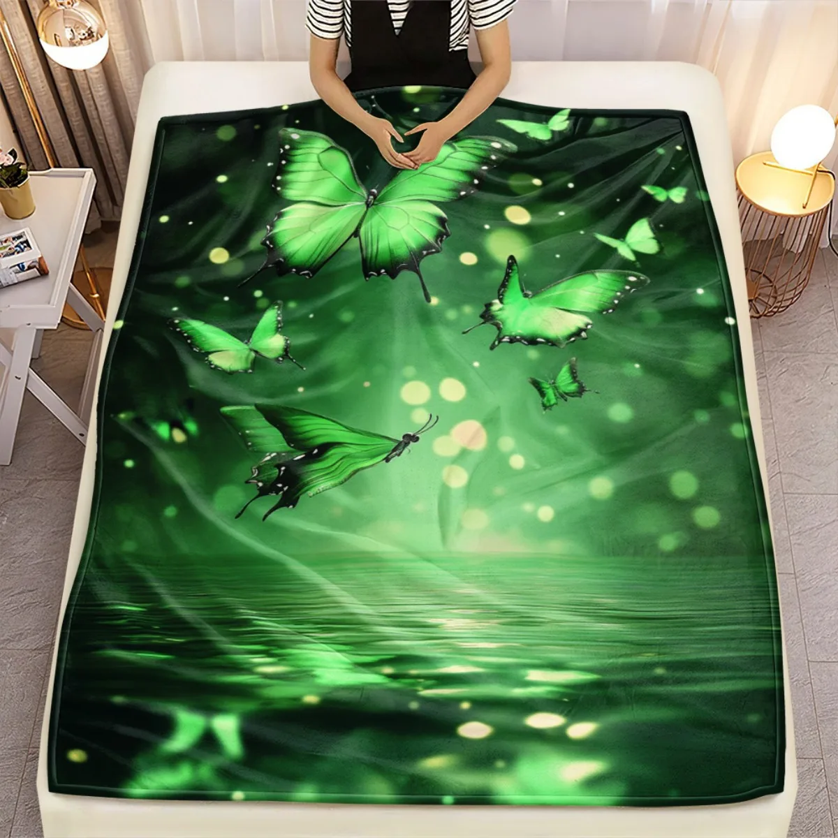 Fantasy Glowing Butterflies Throw Blanket Mystic Emerald Ripple Bokeh Wildlife Art Soft Cozy Cover For Swing Chair