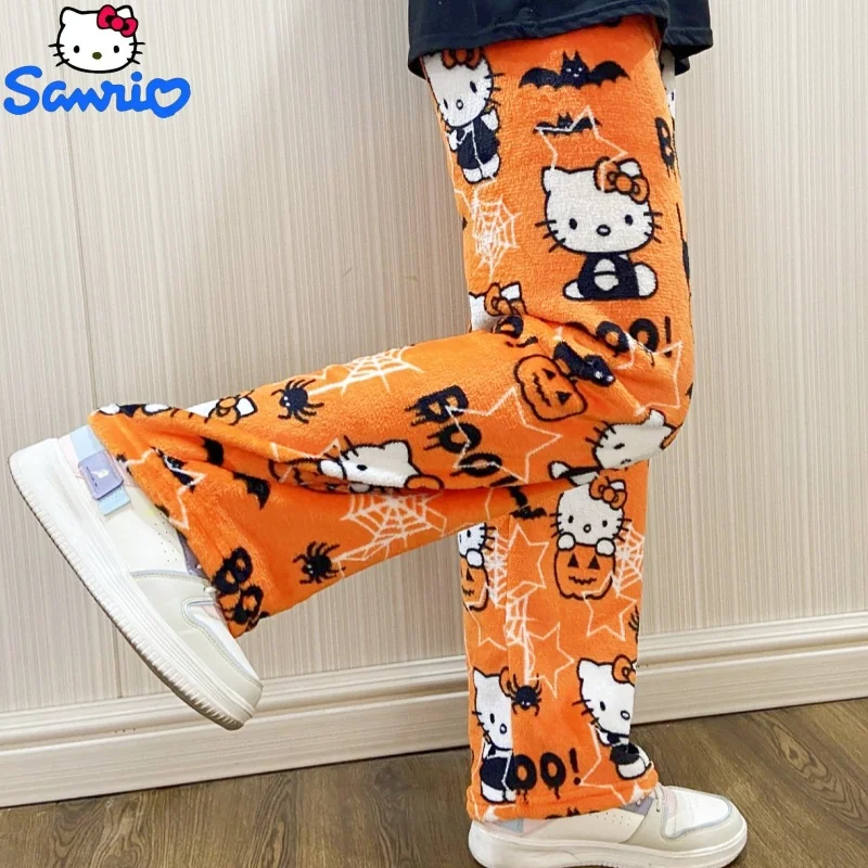 2024 Sanrio Hello Kitty Pajamas Halloween Flannel Fashion Trouserswomen Kawaii Woolen Anime Cartoon Casual Home Autumn Pant Gift