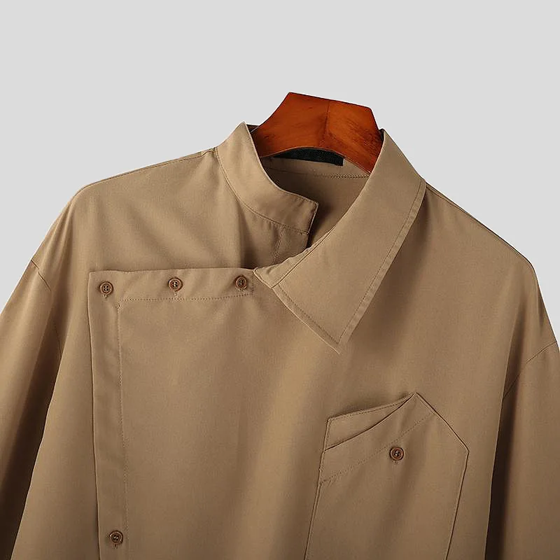 غير النظامية تصميم مشبك التلبيب قميص للرجال خمر النمط الفرنسي كم طويل فضفاض أعلى ربيع الخريف عرض الأزياء قمصان أنيقة