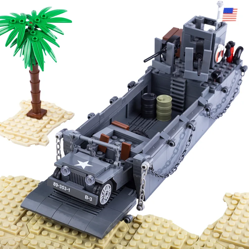 WW2 US Main Battle Tank M26 M12 Armored Car Military Medical Vehicle Speedboat War Scene Trunk Carrier Bricks Toys Boys Gift