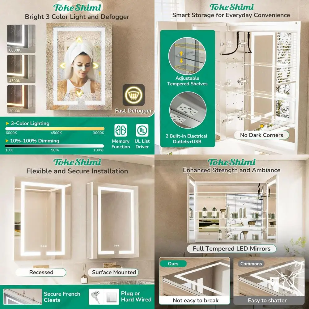 

20x26 Inch 3-Color Dimmable LED Lighted Medicine Cabinet Mirror with Storage and Outlet