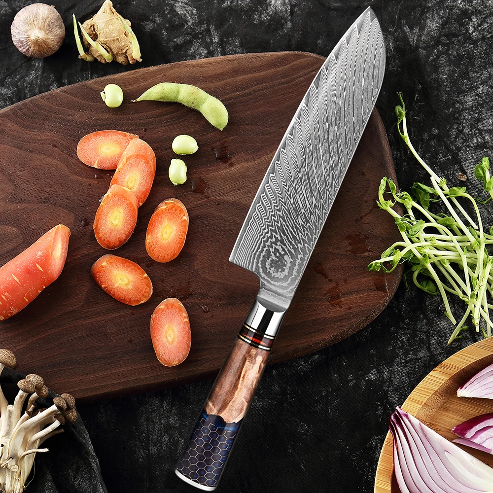 

Damascus Steel Japanese 7 Inch Santoku Knife Pro Kitchen Knife Honeycomb Blue Resin Handle Sharp Slicing Knife for Cutting Meat