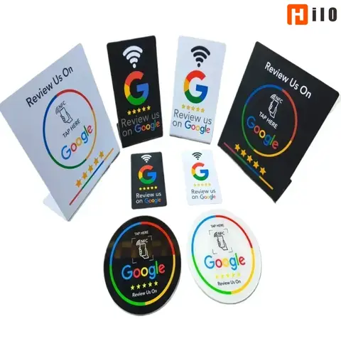 Hilo 13.56Mhz programmable Google Review Card NFC station table NFC Google Reviews display bending card standing brand bracket