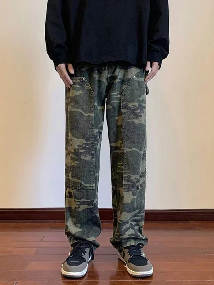 

Man Cowboy Pants Camouflage Cargo Trousers Hip Hop Punk Men's Jeans Aesthetic Straight Korean Fashion Buggy Baggy Y 2k Vintage