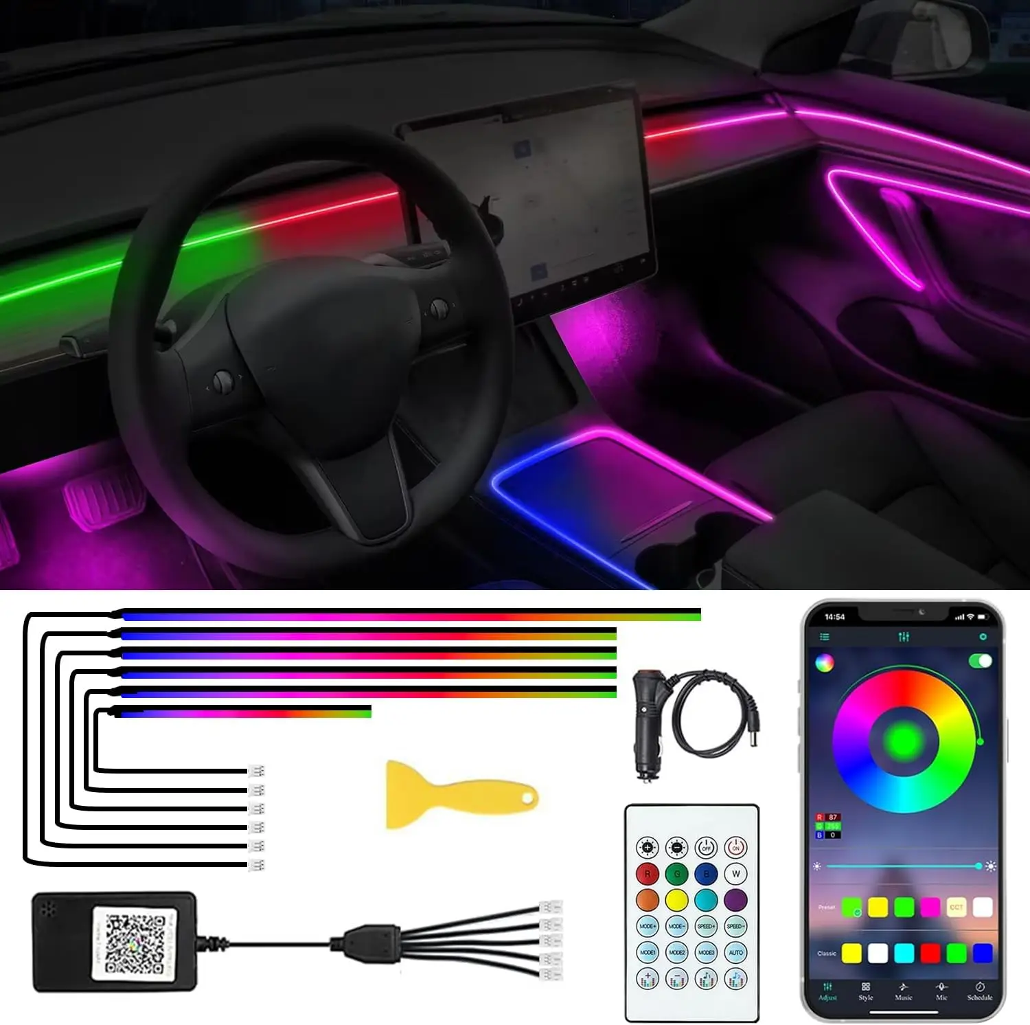 

Acrylic Interior Car LED Lights 16 Million Colors Music & DIY Function USB Auto Interior Ambient Lighting Fiber Optic Strip Kits