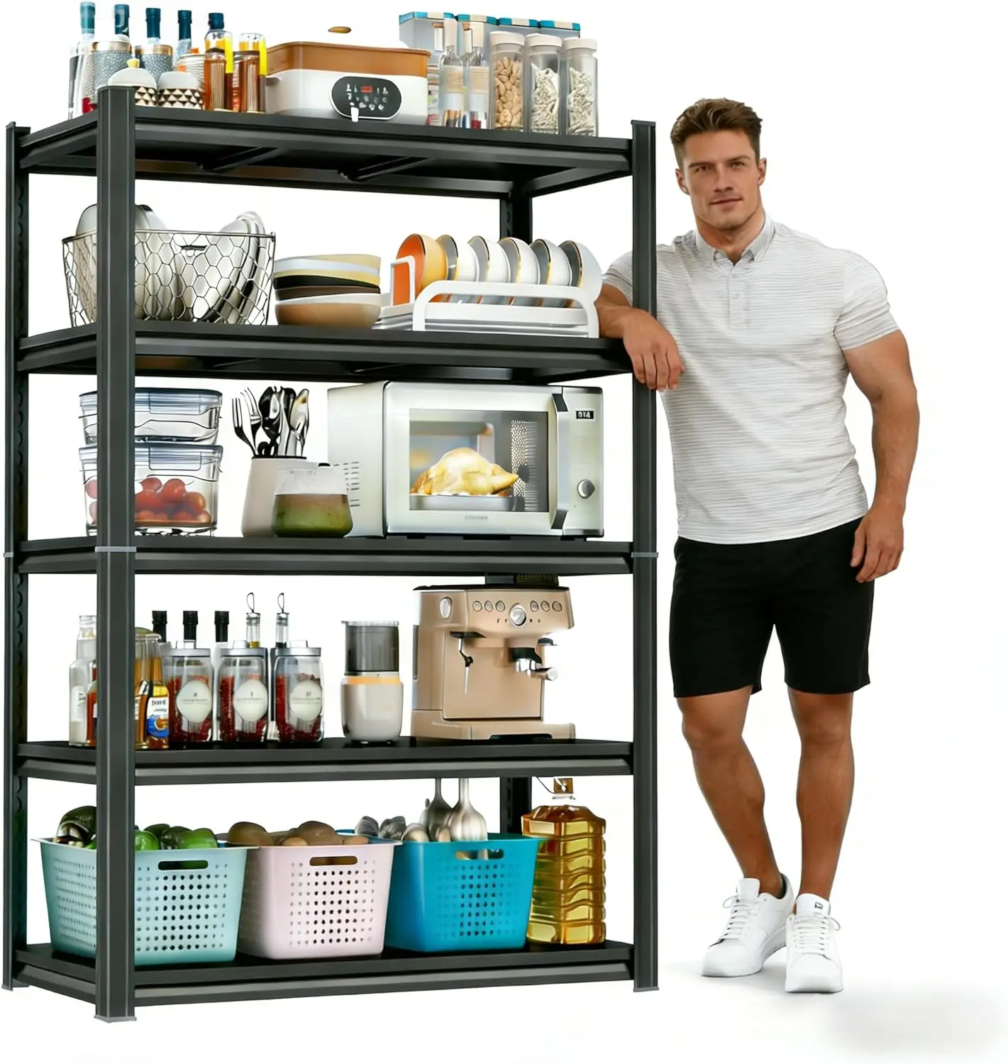 

5-ярусная металлическая полка для хранения, регулируемая, для кухни, 40 дюймов (Ш) x 72 дюйма (В), черная, грузоподъемность 2000 фунтов