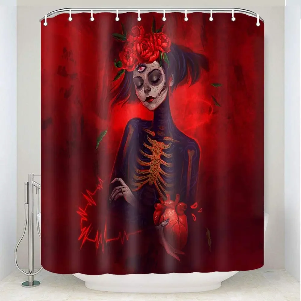 Sugar Skull Red Rose Flower Funny Skeleton Girl Clown Fabric Bathroom Curtain