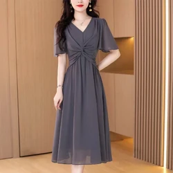 Elegant V-Neck Spliced Loose Folds Shirring Midi Dress Women's Clothing Summer New Oversized Solid Color Casual Dresses