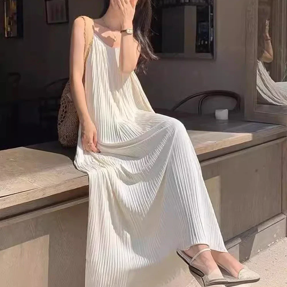 Women's Features Pleated Suspender Dress Inner Wear Effortlessly Lazy Style Fashion Sleeveless Shopping Neckline Long Dress