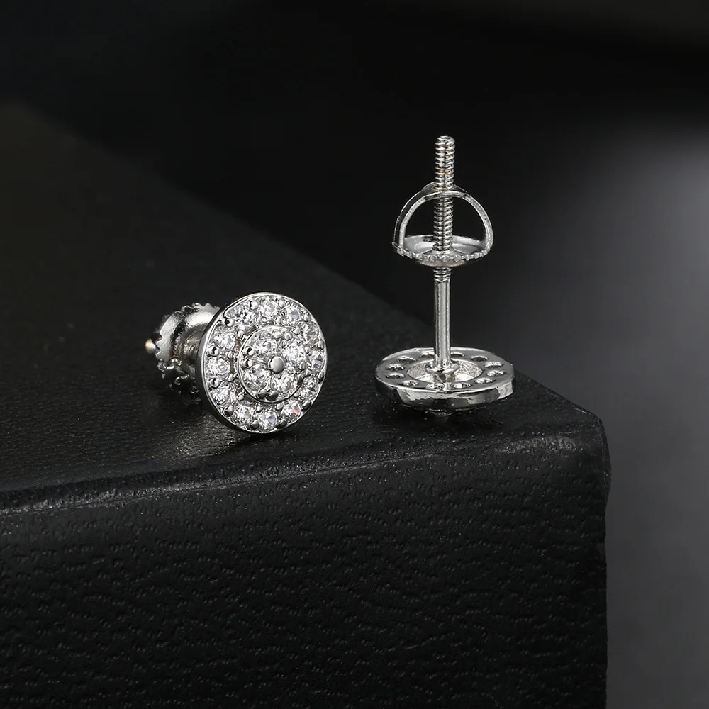 Male HipHop Full White Zircon Round Stud Earrings For Men Women Antique Gold Silver Color Small Screw Back Earring Party Jewelry