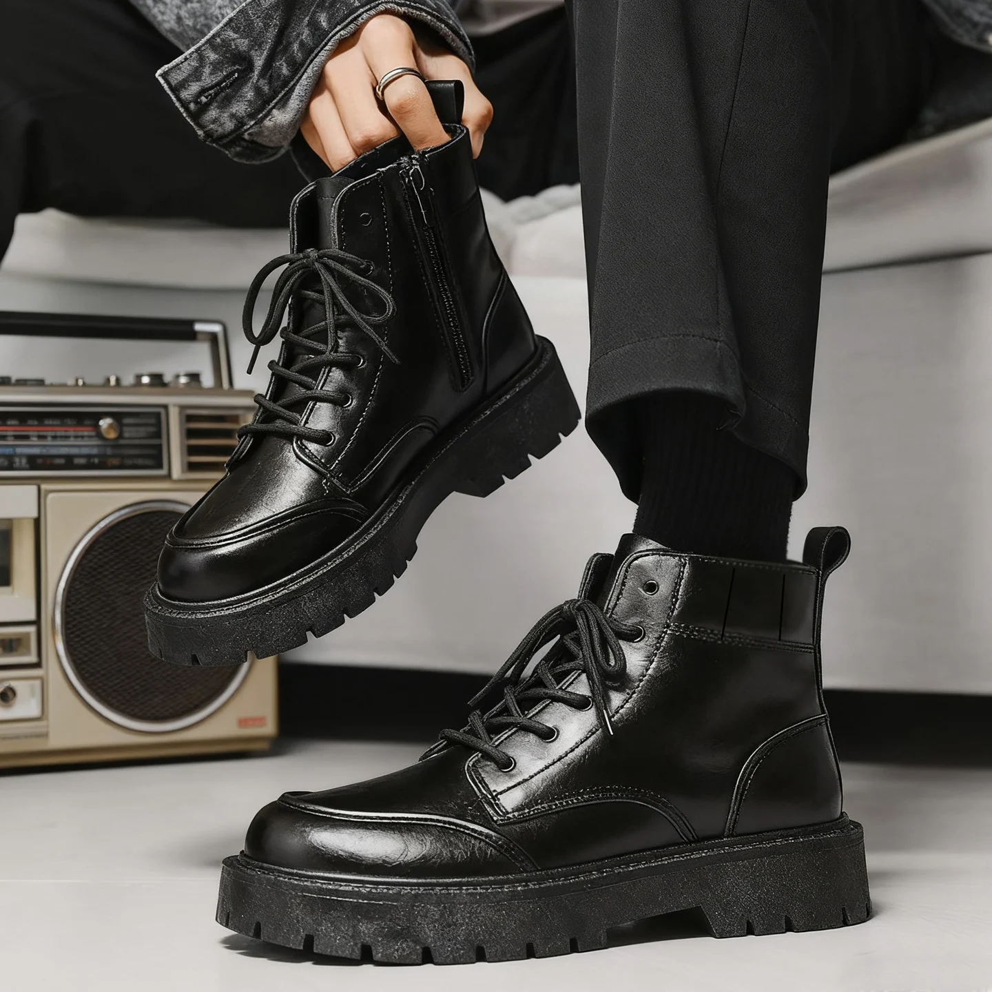 

Autumn-winter Men's Boots, Anti-slip and Wear-resistant High-top Work Boots, Retro Thick-soled British Fan Car Rider Boots