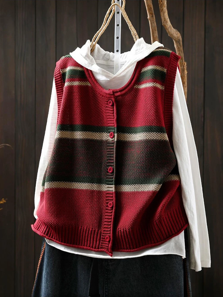 

Women Casual Vest Cardigans New Arrival 2025 Autumn Simple Style O-neck Striped Female Sleeveless Knitted Sweaters T785