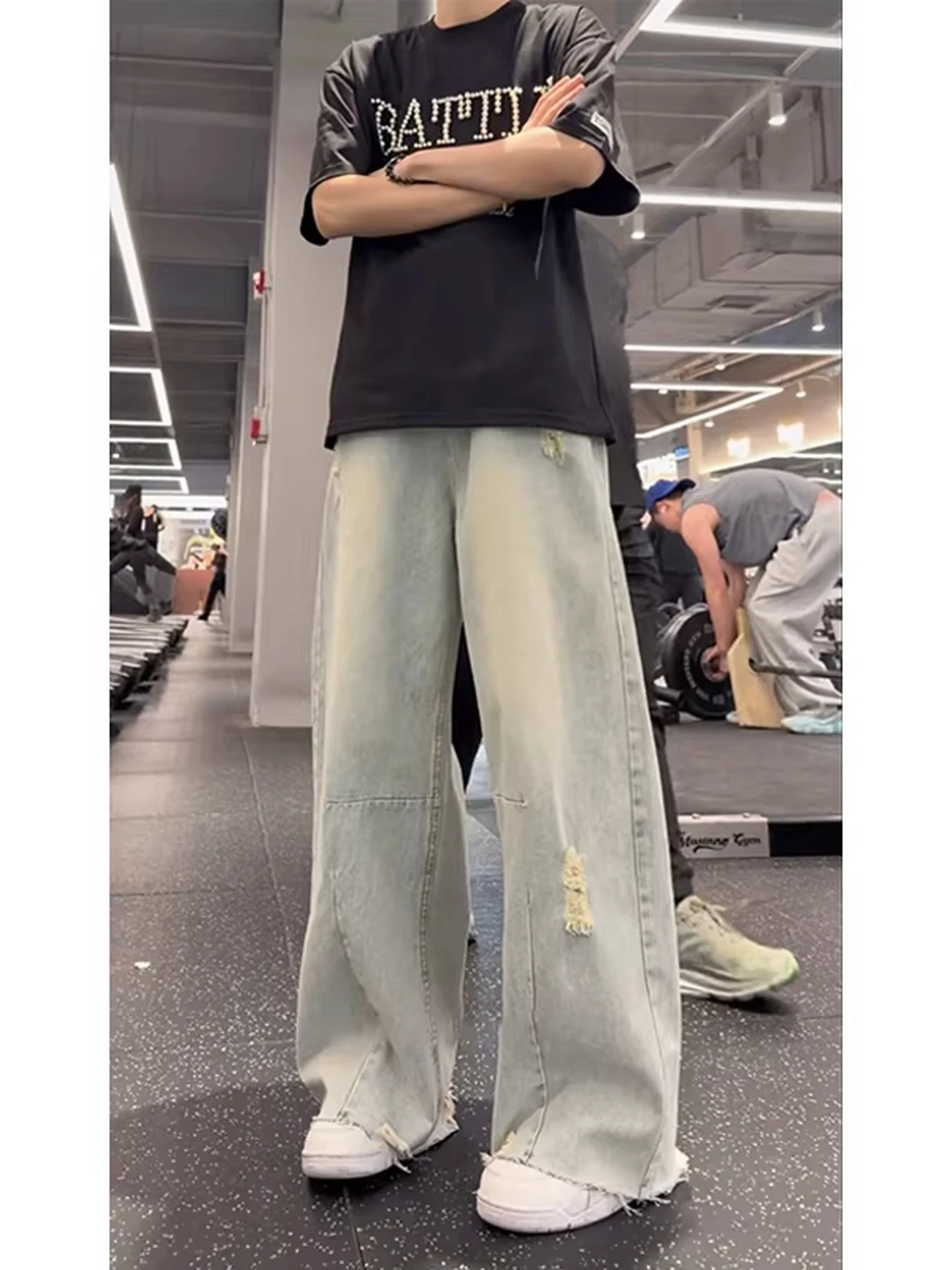 

Blue Washed Men's Jeans High Waist Wide Leg Pants Torn Denim Casual Loose Fit American Style Long Version Youth Fashion