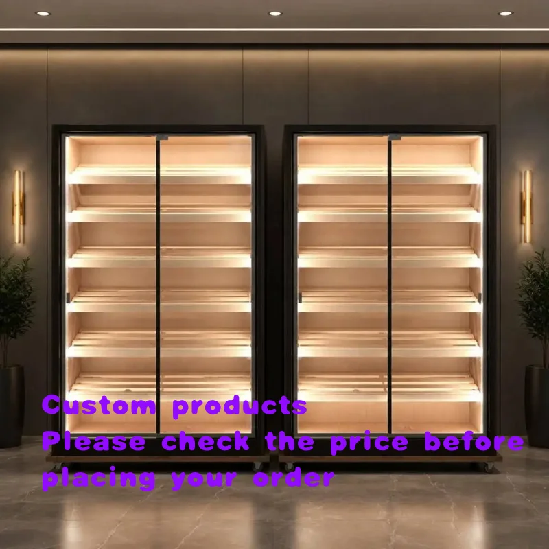 custom.Custom Commercial Cigar Humidor Cabinet LED Light Glass Door Solid Wood Shelf Cigar Storage Display Cabinet With Wheels