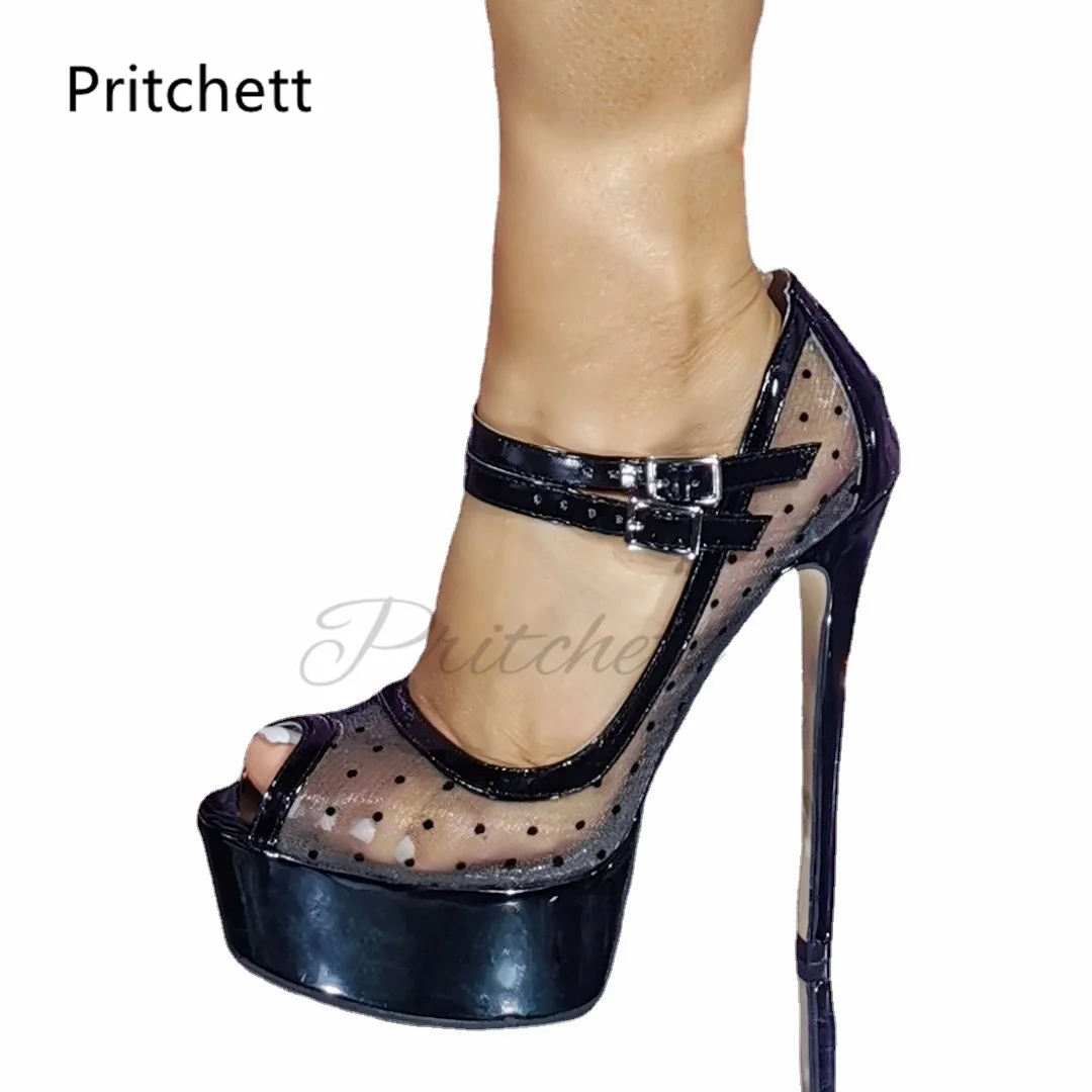 Black Mesh Peep Toe Pumps Double Buckle Straps High Heeled Women Shoes Platform Sexy Stilettos Polka Dot Mesh High Heels New In