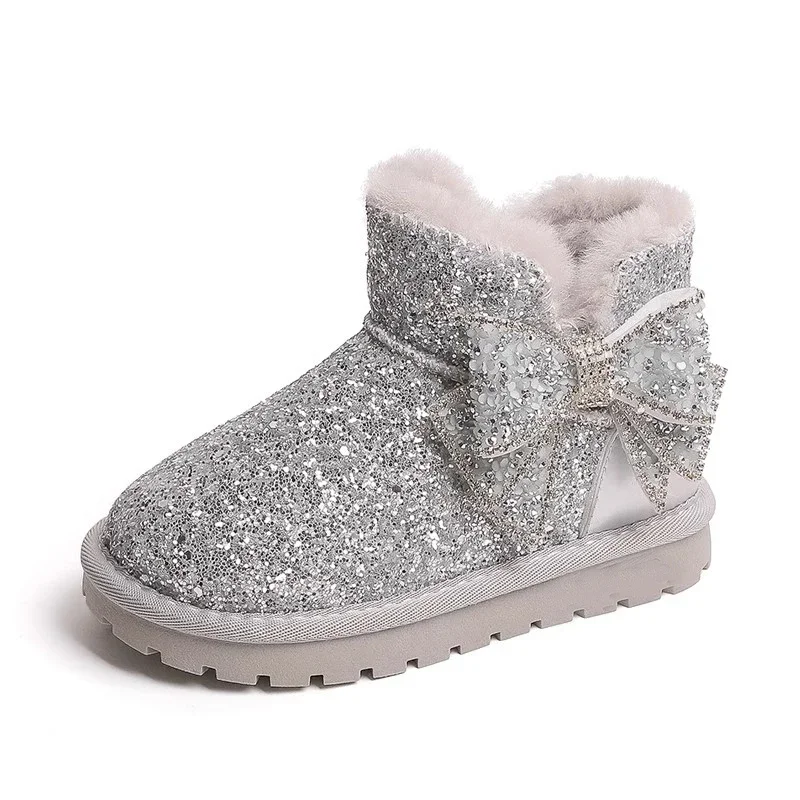 Botas antideslizantes suaves y brillantes para niñas, botas de nieve deportivas 26-36, zapatos cálidos para niños, botas de Otoño Invierno con pajarita, zapatos de nieve para niñas