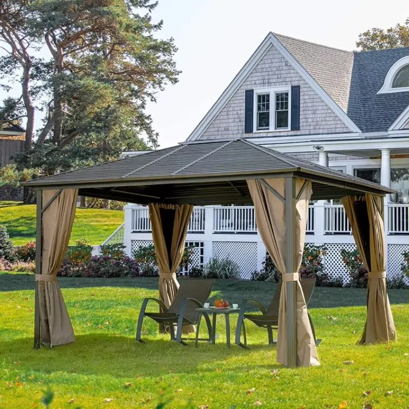Gazebo de tapa dura 3x3 a prueba de lluvia para exteriores, pabellón de techo de Metal para patio, jardín, PVC, MDF, marco de madera ecológico, pérgola de arco recubierto