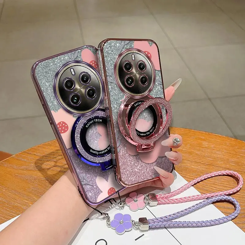 12Pro Pink flowers Plating Bracelet Holder Phone Case For Realme 13Pro 11 8Pro 12 9 10 12Pro 7 V25 11Pro V13 8 9Pro V11 Cover