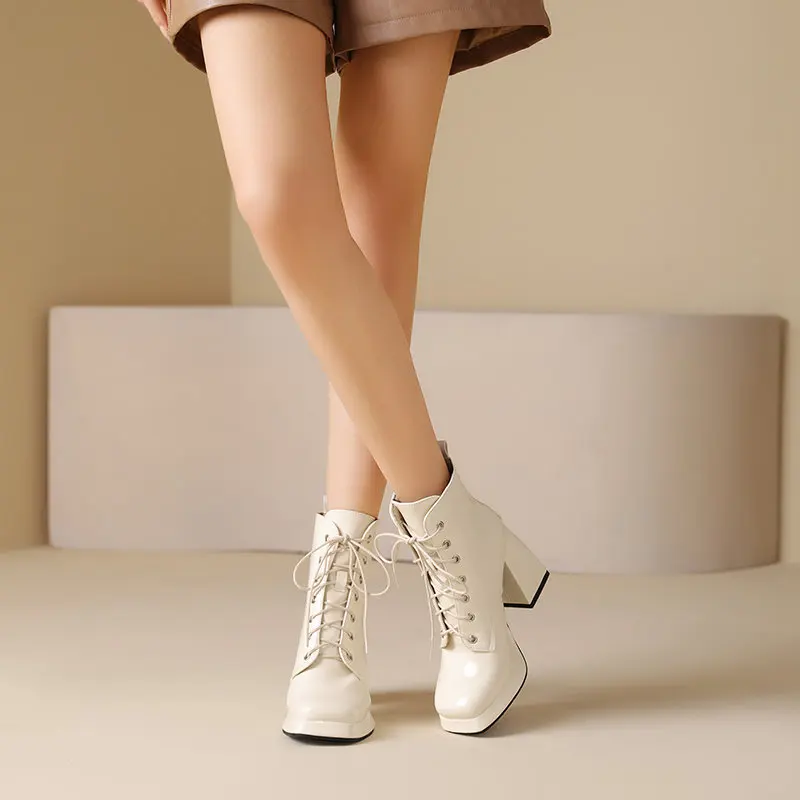 REAVE CAT Design Elegant Women Ankle Boots Toe Block Heels 9cm Lace Up 45 46 Office Lady Fashion Booty