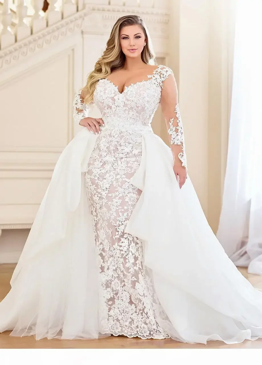 Abiti da sposa a sirena taglie forti personalizzati Abiti da sposa con scollo a V applicati in pizzo a maniche lunghe con strascico staccabile