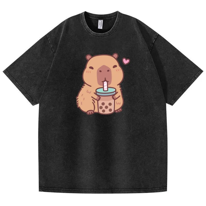 

Korean cartoon pattern milk tea mouse printed short sleeved T-shirt for couples, loose and age reducing fashionable top for