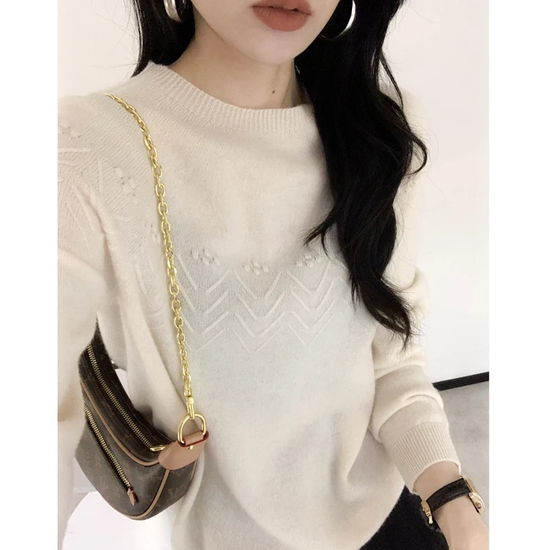 2024 autumn and winter new knitted pure wool long sleeved round neck fashionable wool sweater