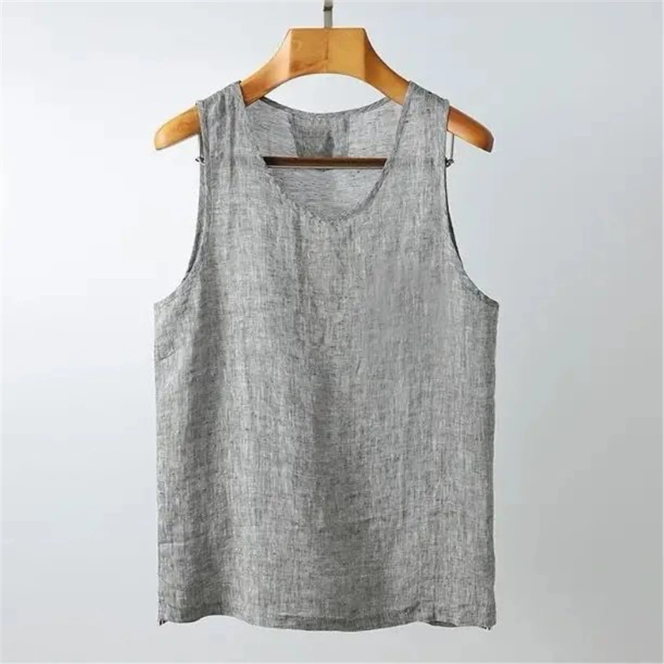 Large Size Mens Thin Linen Tank Tops Streetwear Vintage Casual Tees Tops Men Harajuku Breathable Loose Sleeveless T-shirts Male