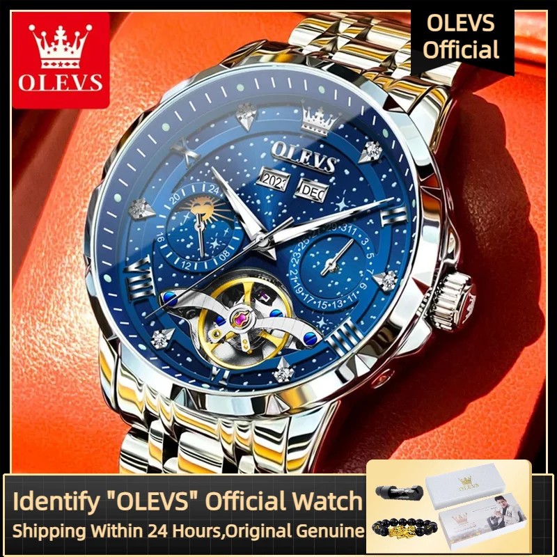 

OLEVS 6690 Automatic Mechanical Mens Watch Tourbillon Hollow Waterproof Stainless steel Multifunctional Men Watches