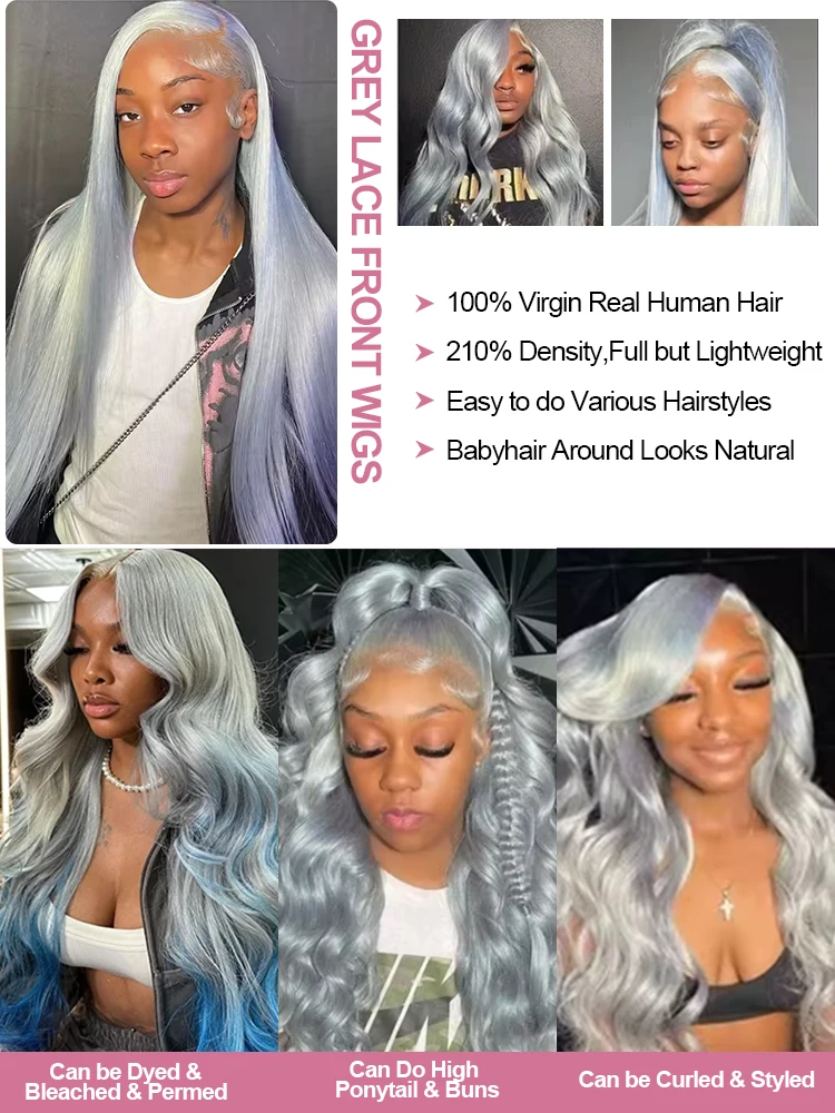 250 Density 13x6 Silver Grey Straight HD Lace Frontal Wigs Human Hair 613 Colored Lace Front Wig Brazilian For Women Pre Plucked image 5