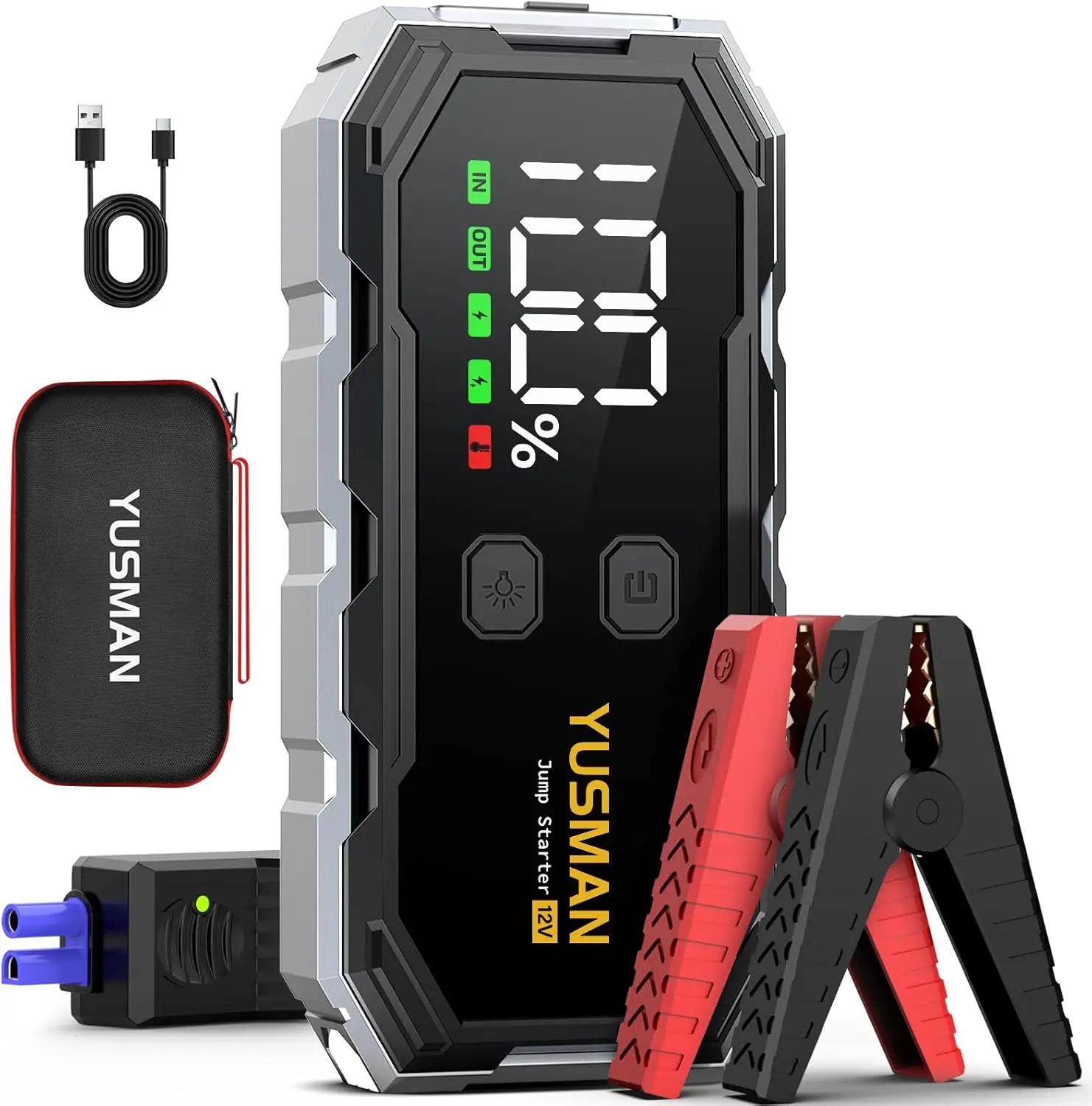 

8000A 12V Car Jump Starter for Gas/Diesel Engines, Portable with Display, Smart Cables, Quick Charge 3.0 & LED Light