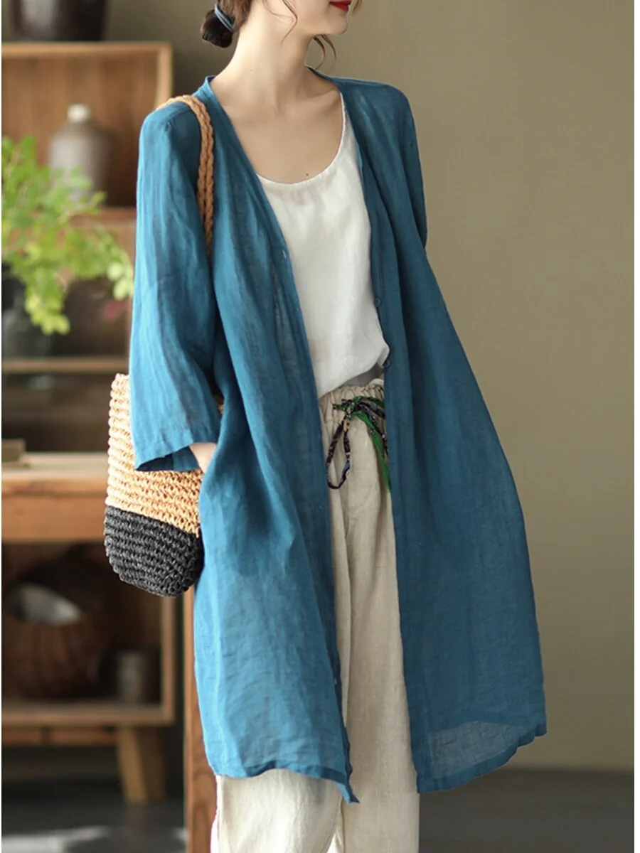

High Quali Linen Mid-Length Open Cardigan Sun Protection Air Conditioning Outerwear Ele Summer Jaet Purple Pasture Hi...