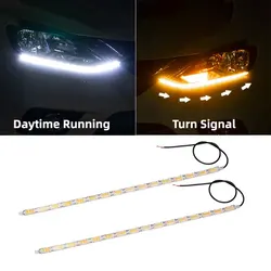 12V LED Daytime Running Light Strip Flexible Waterproof Headlight Turn Signal Yellow Lamp Car Decorative Driving Lights DRL 2Pcs