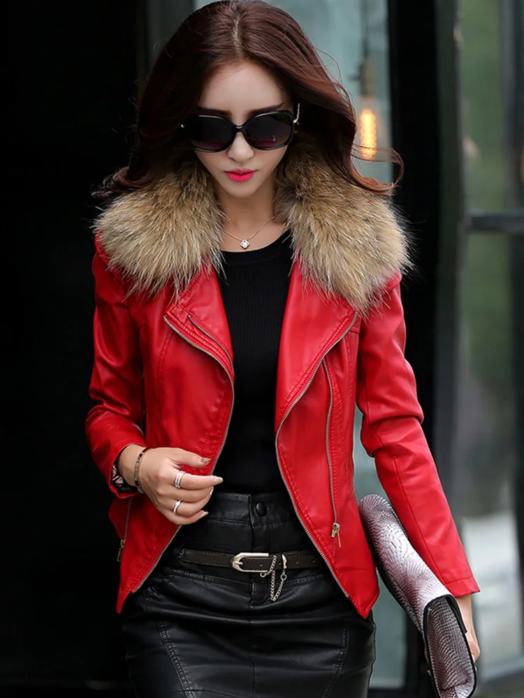 New Women Sheep Leather Jacket Biker Coat Spring Autumn Fashion Real Mink Fur Collar Motorcycle Coat Slim Short Outerwear Female