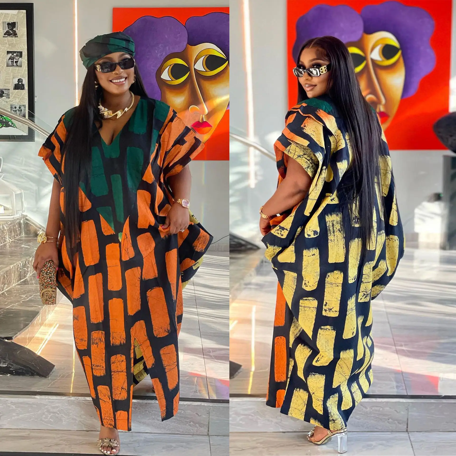 Dashiki African Dresses for Women Autumn African Short Sleeve V-neck Polyester Printing Long Maxi Dress Ankara Dresses S-3XL