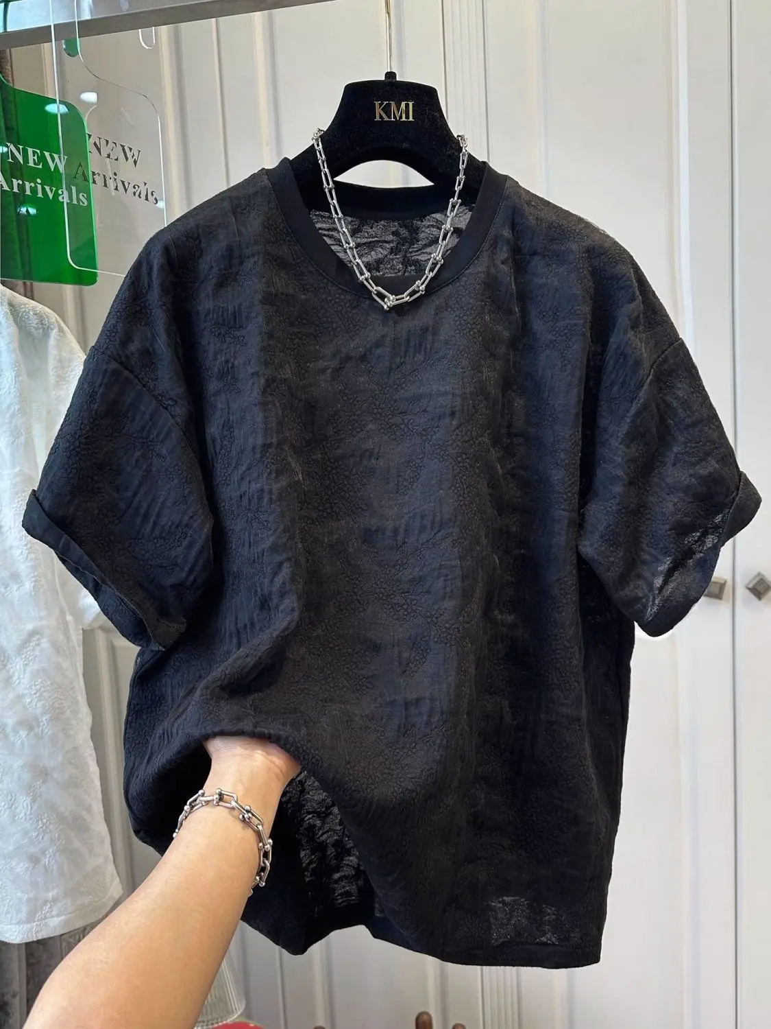 Loose Men's Short Sleeve T-Shirt Textured Folded Summer New Style Youth Popular round Neck Casual Wear Pure Color