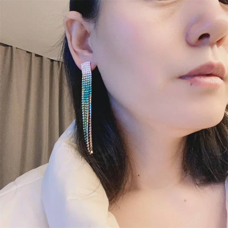 FYUAN Long Tassel Drop Earrings for Women Green Rhinestone Dangle Earrings Fashion Jewelry Accessories