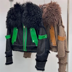 2023 Winter New Genuine Fur Coat Women Double Faced Rabbit Fur Jacket Fashion Wool Collar Lapel Moto Biker Style Jacket Y3067