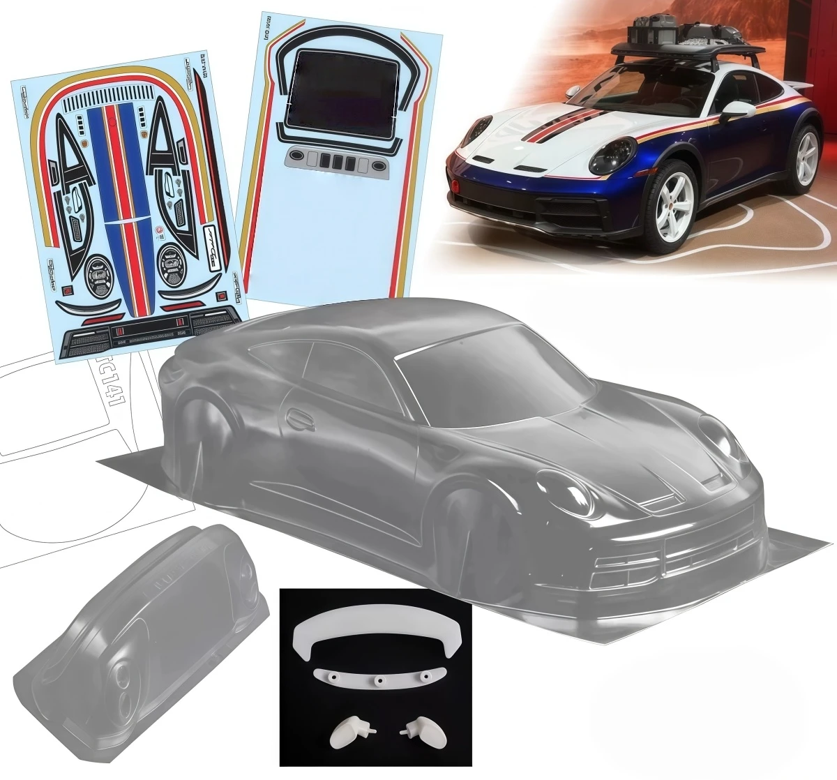 Team C TC141 1/10 Clear PC Body Shell 911 Dakar 258mm Wheelbase 200mm Width with Light Buckets Spoiler and Decals