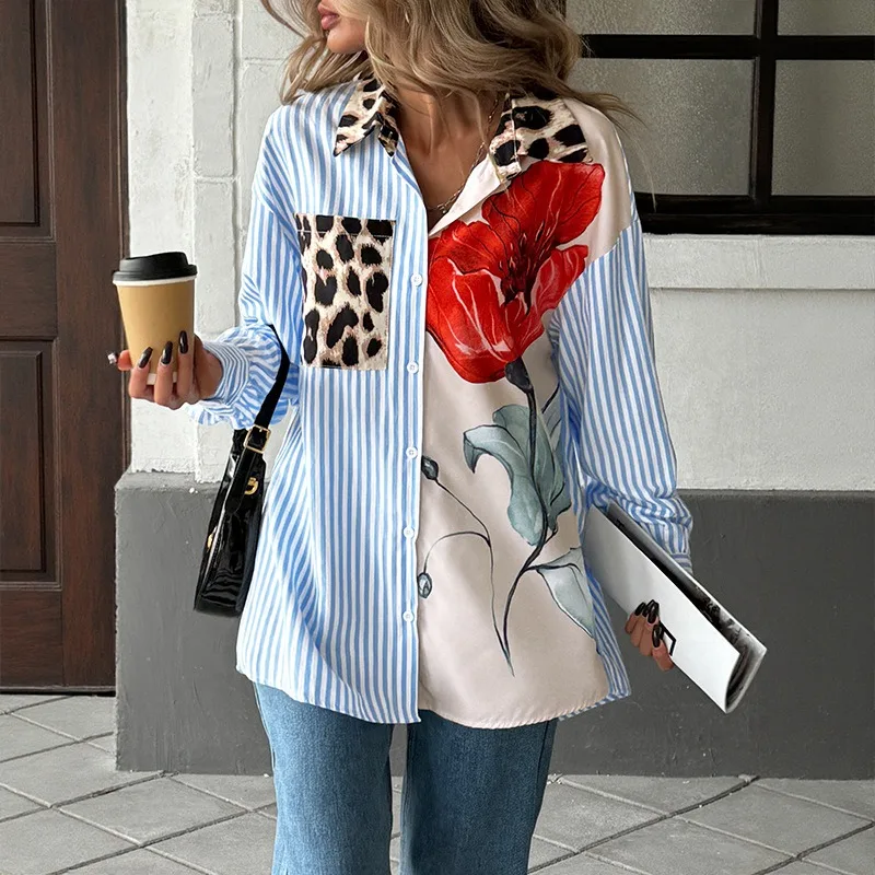

New Women's Autumn Casual Vacation Personalized Trendy Printed Striped Patchwork Shirt