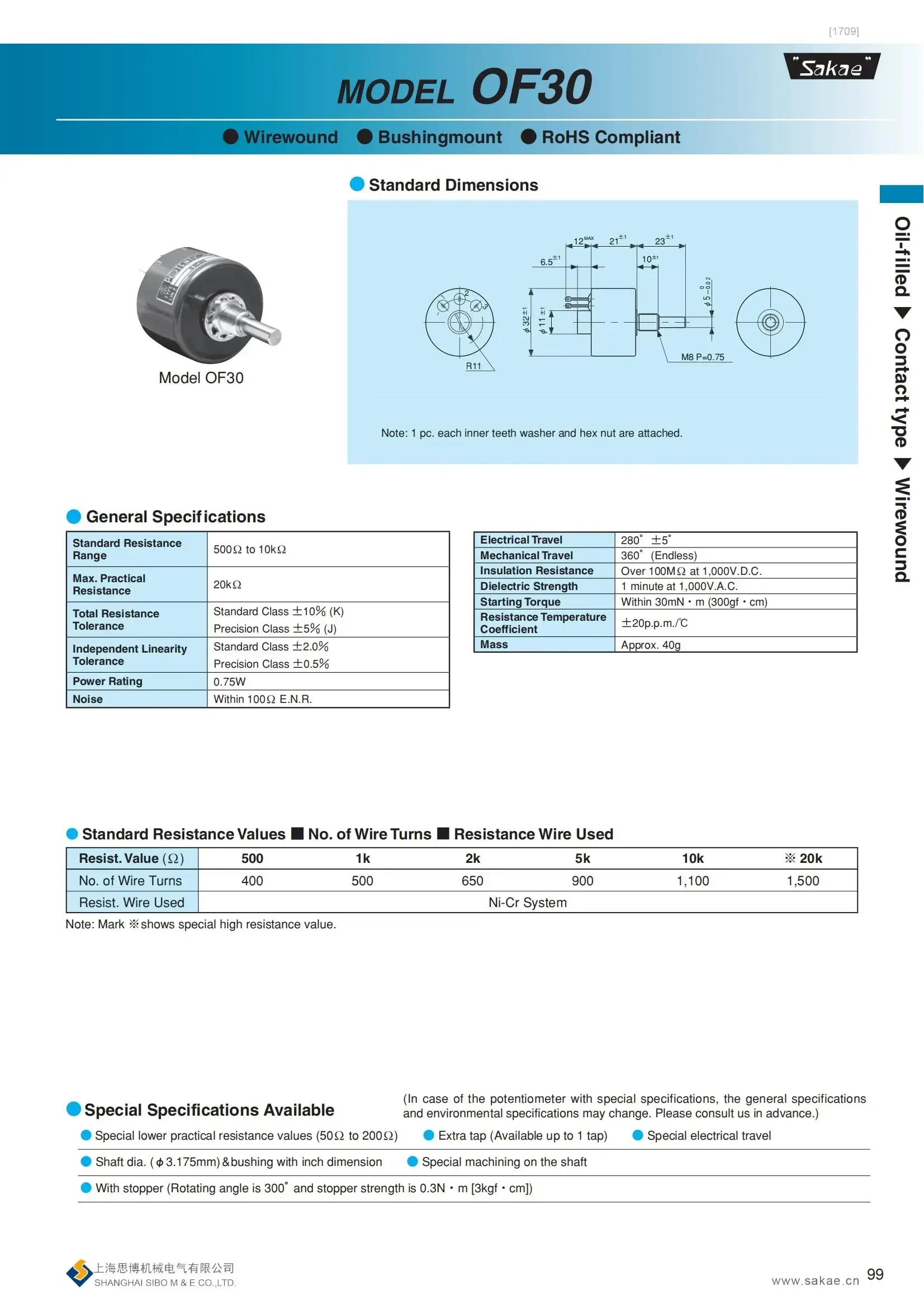Hot Selling Sakae OF30 Wirewound Potentiometer Durable Single-Turn Potentiometer