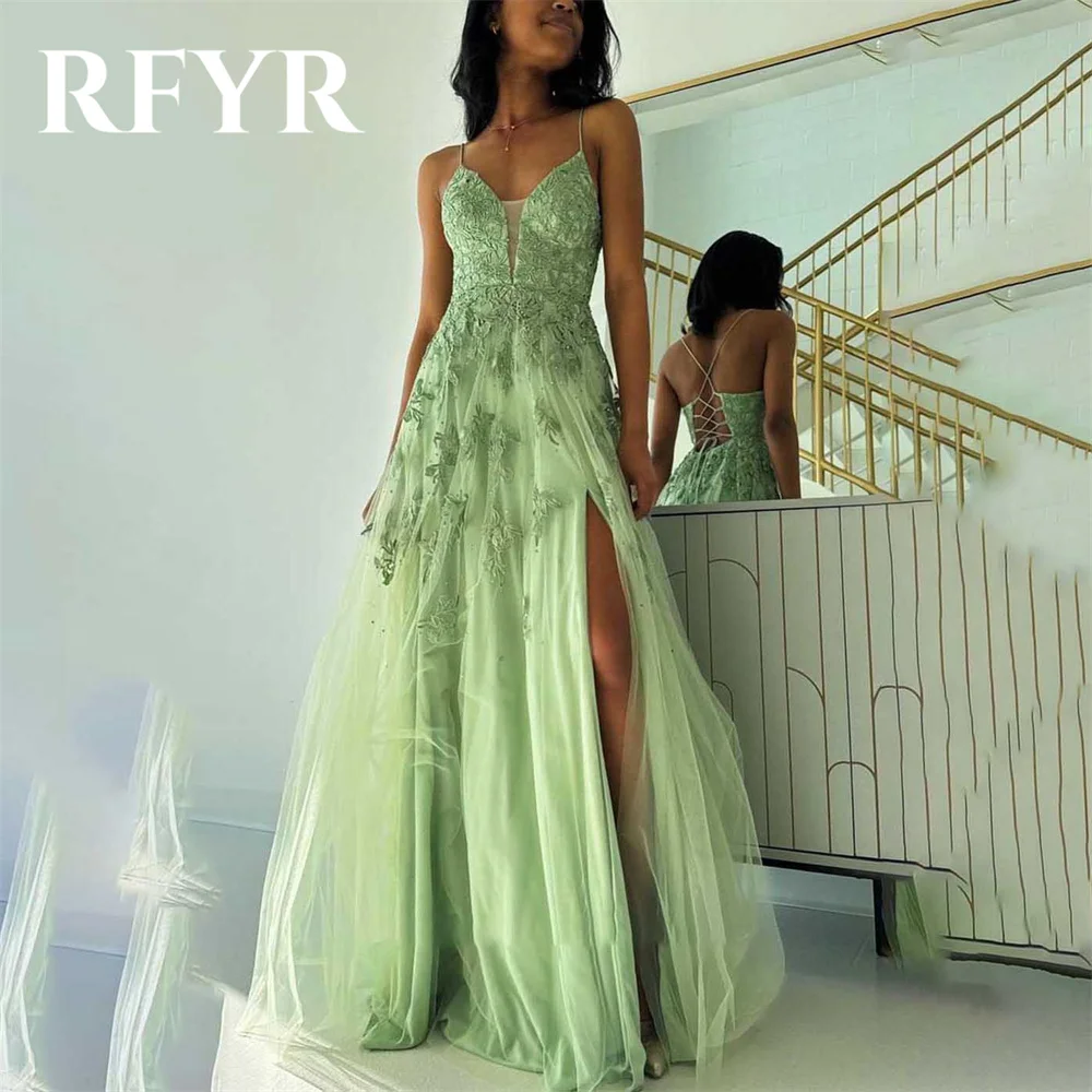 

RFYR Green A-line Evening Dresses Spaghetti Strap Vestidos De Noche Appliques Tulle Prom Dress with Pleats V-Neck Party Dress