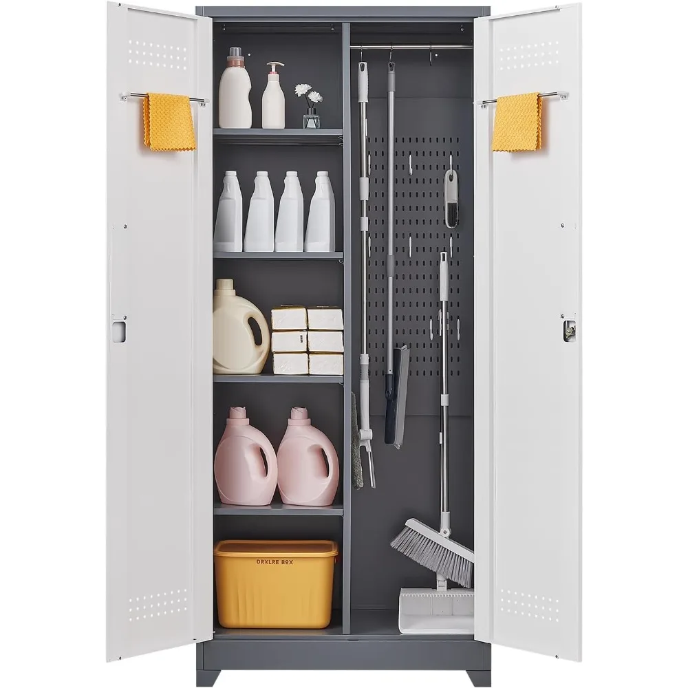 

Luck Broom Storage Cabinet with Locking Doors and Shelves,Broom Closet Storage Cabinet with Hanging Rod and Hooks,Cleanin